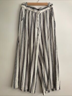 RALPH LAUREN CHAPS Black Cream Vertical Stripe Wide-Leg LINEN Blend Pants M